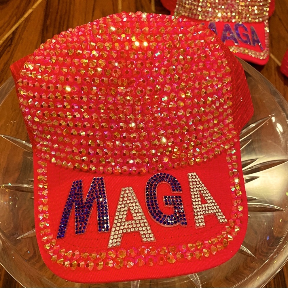 NWT Custom Made Red “MAGA” Hat. 45th POTUS DJT. Gold Rhinestones, Navy Letters